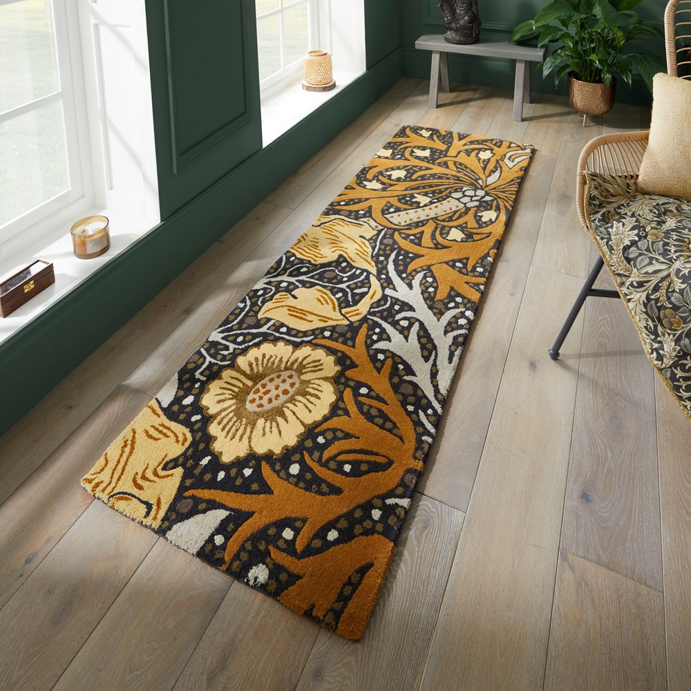 Seaweed Hallway Runner Rugs in 127006 Charcoal Mustard by William Morris